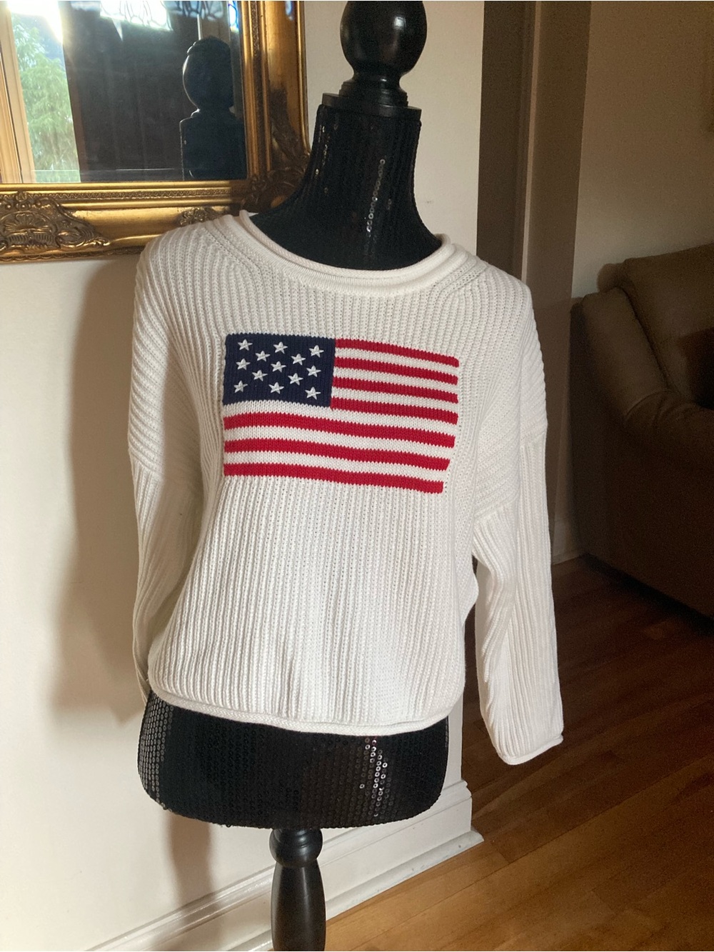 GAP New off White Soft Knit Cotton Sweater with Red & Blue Flag Motif